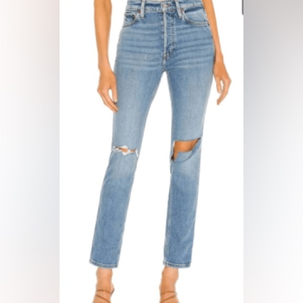 RE/DONE 80s Slim Straight High Rise Distressed Jeans Brisk Blue Size 29